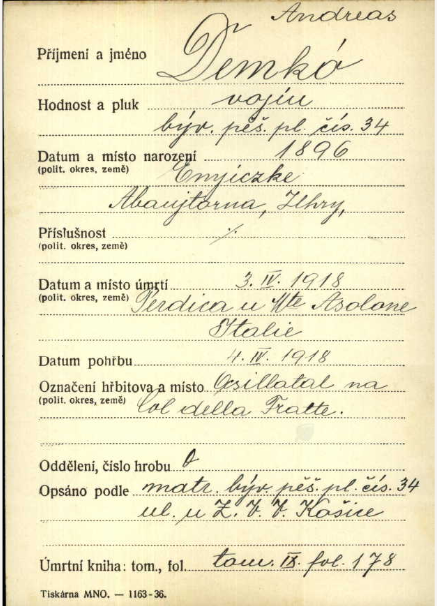 Andreas Demko in Czech Republic, WW1 Fallen Soldiers Cards, 1914-1918, 967