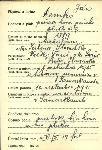 Ján Demko in Czech Republic, WW1 Fallen Soldiers Cards, 1914-1918, 969