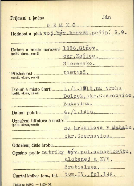 Ján Demko in Czech Republic, WW1 Fallen Soldiers Cards, 1914-1918, 970